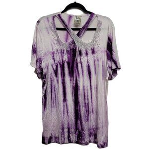 NEW Vocal Purple White Tie Dye Rhinestone CrissCross Cutout Tee 3X